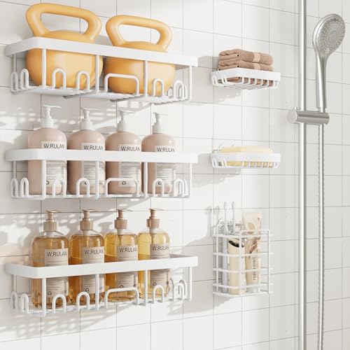 Veken 6-Pack Rustproof&Waterproof Shower Caddy, Adhesive Shelves Rack with Soap Holder, Large Bathroom & Washroom Organizer, No Drilling Wall-Mounted Kitchen&Home Decor,Ideal for Bathtub Storage,White - color: D. White