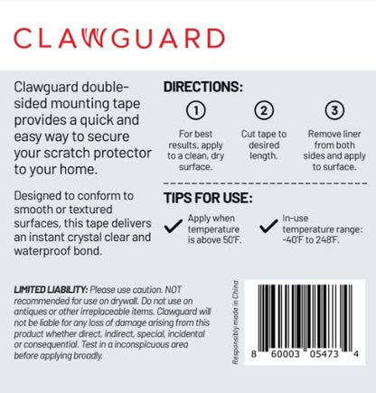 CLAWGUARD Double-Sided Mounting Tape – 1 in x 86 in Clear Heavy Duty Removable Adhesive Tape – Door Shield, Window Sill & Furniture Protector Mount