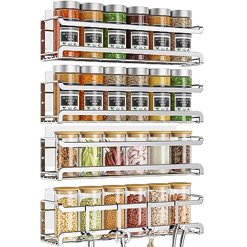 Bunoxea Spice Rack wall mounted 4 Pack, Space-Saving Spice Organizer for Spice Jars and Seasonings,Screw or Adhesive Hanging Spice Rack Organizer for Your Kitchen Cabinet,or Pantry Door,Chrome - color: Silver, size: 4Pack