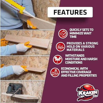 KRAKEN BOND No More Nails Clear Polyurethane Adhesive - 100% Waterproof (D4) and Sealant for Wood, Ceramic, Tile, Floor, Granite, Rubber | 12 Pack, 10.1 Fl. Oz. - size: 12 Pack, style: No More Nails Adhesive
