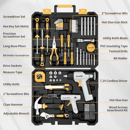 GRENPRO Tool Set Drill Set, 188PCS Tool Kit for Home with Cordless Drill Power, Hand Tool Kit for Women, Basic Household Auto Car Repair Tool Box for Men, Portable Plastic Storage Box Tools Sets - style: Yellow Power Drill Set 188PC