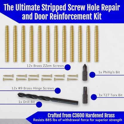 12-PK - #9x3 Brass Screws Permanent Door Hinge Repair Kit – Easy Stripped Screw Hole Fix – Reinforce Hinges, Strike Plates & Door Jamb – Quickly Fix Stripped Hinge Screws - Made in USA
