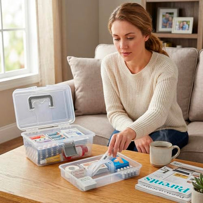 MyGift 10.2 Inch Transparent Plastic Empty Multipurpose Tackle Box with Gray Handle and Removable Tray for Tools, First Aid, Sewing Kit, Arts Crafts Supplies Storage