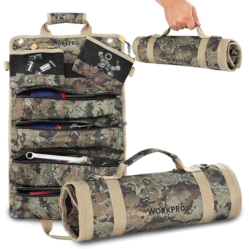 WORKPRO Roll Tool Bag with Detachable Pouches, Heavy Duty Organizer - 6 Pockets, for Mechanics, Electricians, Plumbers & Carpenters - Camo - color: Camo