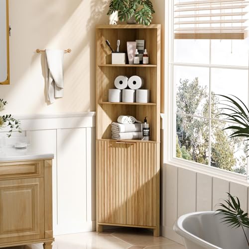 VINGLI Tall Corner Cabinet with Fluted Doors, 68" Oak Corner Storage Cabinet with Adjustable Shelves, Freestanding Natural Wood Corner Bookshelf for Bathroom, Living Room & Kitchen, Space-Saving - color: Natural Oak, style: 68" Tall Fluted Corner Cabinet