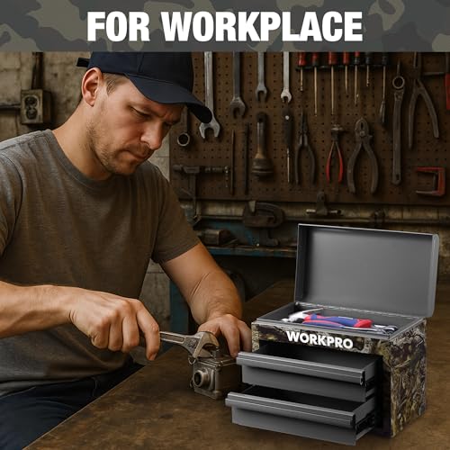 WORKPRO Metal Mini Tool Box, Top Tool Chest containing Two Drawers with Ball Bearing Slides, PVC Drawer Liners and PP Feet Pads, Durable Cold Rolled Steel Small Toolbox for Multi-Purpose Storage - color: Green Camo