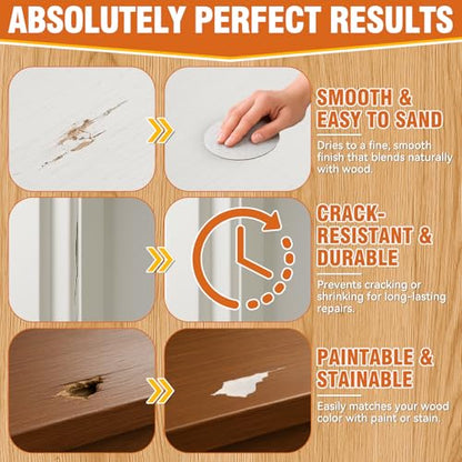 Wood Filler,220g Paintable & Sandable Wood Putty –Low Odor, Shrink & Crack Resistant-Quick Repair for Cracks, Holes and Damage-For Indoor & Outdoor Wood Repair(White)