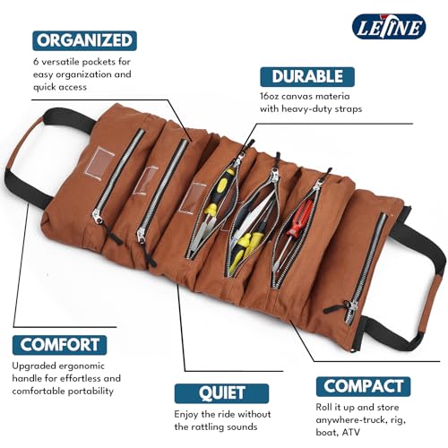 LETINE Crest Canvas Tool Roll Bag - Portable 6-Pocket EDC Roll up Tool Bag with Premium Rust-Proof Zippers, Reinforced Stitching - Compact Tool Organizer Gift for Dads, Mechanics, Electricians (Brown)