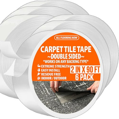 Carpet Tile Tape Double Sided 2in x 90ft (Bulk 6 Pack) Heavy Duty Reinforced Web Mesh Residue Free Indoor Outdoor for Carpet Tiles, Hardwood, Vinyl, Rugs, Carpet, Rubber & Mat Gripper - size: 2 IN x 90 FT (6 Pack)
