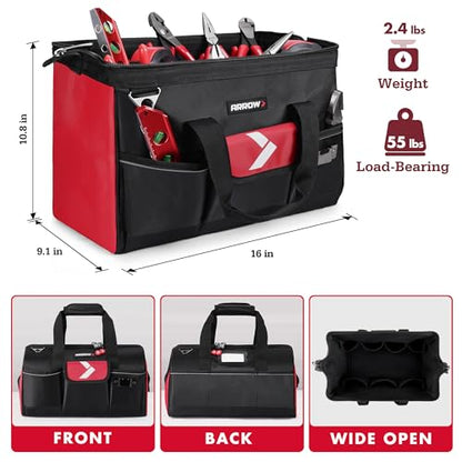 ARROW 16" Tool Bag Organizer with Anti-Slip Feet, Tool Bags for Men Heavy Duty, Wide Open Mouth, Large Capacity with 13 Pockets, Portable Toolbag for Electrician Mechanic Plumber HVAC - size: 16 Inch