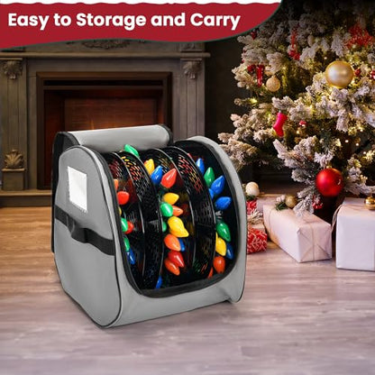 Keten Christmas Light Storage Bag, 600D Oxford Fabric Christmas Light Organizer with Reinforced Handles, 3 Reels Included to Hold 375ft Mini Christmas, Tree Lights & Extension Cords-Grey