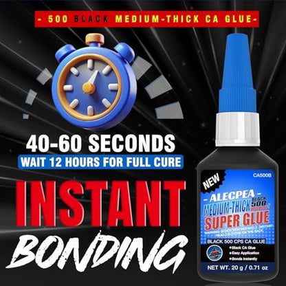20g Black Medium-Thick CA Glue (500 CPS),Premium Cyanoacrylate Super Glue for Wood, Glass, Metal, Paper, Leather, Plastic, Ceramic, Rubber, Jewelry, Woodworking, Hobby Models, and Craft Project - size: Black/500CPS