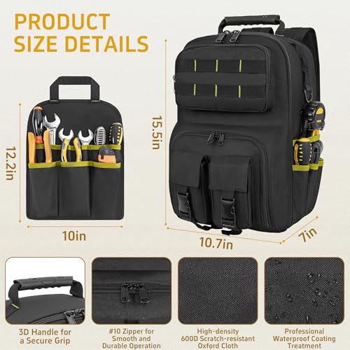 Backpack Tool Bag with Movable Base Plate, Heavy Duty Tool Storage with Removable Tool Organizer, Durable Water Resistant for Electricians & Home Repair-Version 4.0- Black&Yellow - color: Black&Yellow