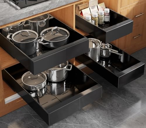 Seinloes 4 Pack Expandable Pull Out Cabinet Organizer 21"Deep With Raising Pad for Framed Cabinets,Upgrade 3 Slide Rails Slide Out Drawers,No Drill Roll Out Shelves,Adjustable Width 9"-14" Black - color: Black, size: 21"D x 9"-14"W(4Pack)