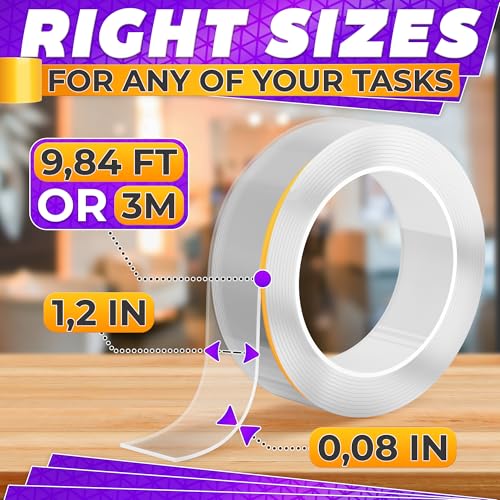 Heavy Duty Double Sided Tape – Clear Two Sided Tape Heavy Duty 9.84 Ft × 1.2" Wide – Weather Resistant Adhesive for Plastic, Wood, Glass, Metal & Marble, Suitable for Arts, Crafts & Gift Wrapping - size: 9.84 ft × 1.2 in - Standard