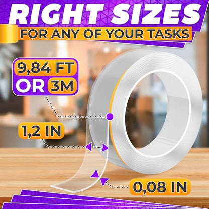 Heavy Duty Double Sided Tape – Clear Two Sided Tape Heavy Duty 9.84 Ft × 1.2" Wide – Weather Resistant Adhesive for Plastic, Wood, Glass, Metal & Marble, Suitable for Arts, Crafts & Gift Wrapping - size: 9.84 ft × 1.2 in - Standard