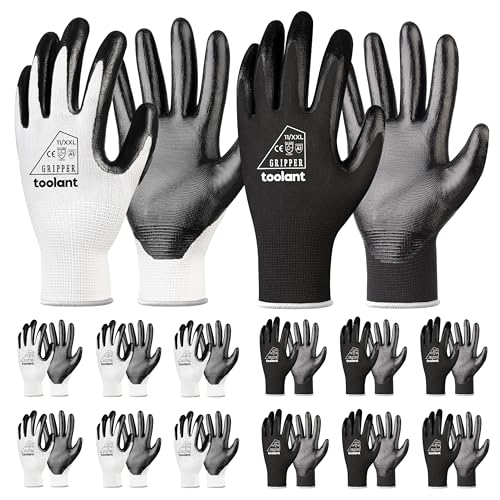 toolant Nitrile Coating Work Gloves for Men, Superior Oil Resistance, Safety Work Gloves with Grip, Touch Screen - color: White&black (12 Pairs), size: Large