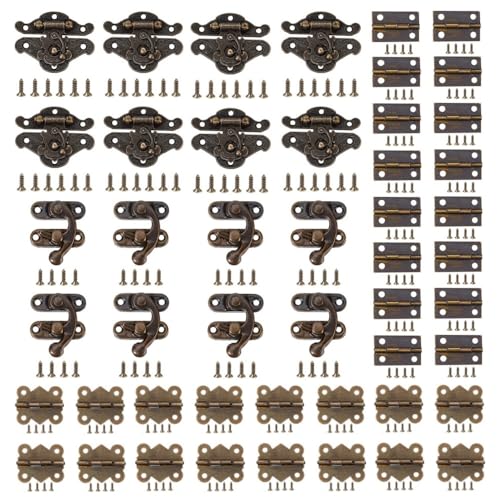 248 Pcs Antique Bronze Hardware Kit, 8 Engraved Hasp Catches, 8 Small Brass Latches, 32 Box Hinges with 200 Screws for Wooden Jewelry Boxes, Cabinets & Furniture Repair - color: 248PCS