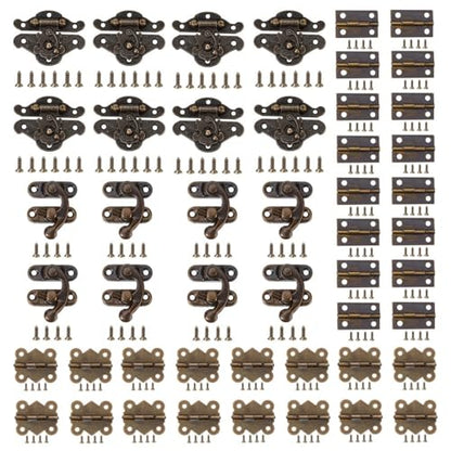 248 Pcs Antique Bronze Hardware Kit, 8 Engraved Hasp Catches, 8 Small Brass Latches, 32 Box Hinges with 200 Screws for Wooden Jewelry Boxes, Cabinets & Furniture Repair - color: 248PCS