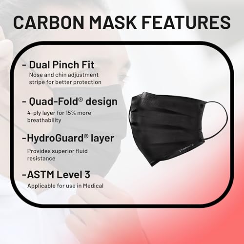 Cranberry USA Carbon Black Face Masks, Disposable, 4-ply, Elastic Earloops, Medical & Dental, Level 3 (Pack of 50)