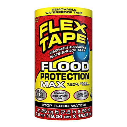 Flex Tape Flood Protection, 7.5 in x 50 ft, MAX, Waterproof Rubberized Tape, Removable, Use on Windows, Doors, Garage Doors, Casings, Thresholds, Conduits, Vents, Ducts - style: 7.5" x 50', MAX