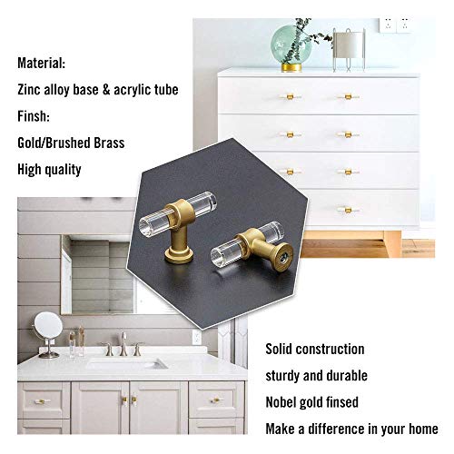 goldenwarm Pack of 15 Drawer Knobs Acrylic Clear T-bar Knobs - LS9165GD Single Hole Handles Brushed Gold Brass Acrylic Cabinet Handles Pulls - color: ‎Brass-acrylic, size: 15 Pack