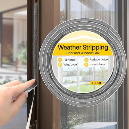 RAINFLOW 16.4Ft Weather Stripping Door Seal - Self-Adhesive Pile Weather Stripping,Seal Strip for Door Frame and Windows,Sound Proof (Grey,0.35" Wide x 0.35" Thick)