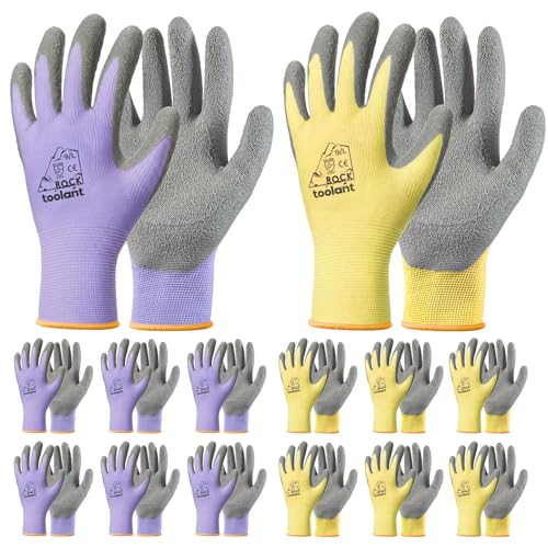 toolant Crinkle Latex Work Gloves Bulk, Rubber Coated Safety Work Gloves for Men and Women, 12 Pairs for Construction, Gardening, Warehouse (Purple & Yellow, Large) - color: Purple & Yellow, size: Large
