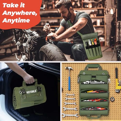 Roll Up Tool Bag, Gifts for Him Men Dad Husband Boyfriend Fathers Day, Portable Tools Storage for Men, Heavy Duty Tool Organizer W/Detachable Pouches for Electrician Mechanic Carpenter - style: Roll-Dark Green