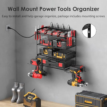 CCCEI Garage Tools Storage with Charging Station. Power Tool Battery Organizer Utility Shelf with Power Strip. 4 Drills Holder Wall Mount Rack, Black 4 Layer. - size: Small, style: 4 Layer