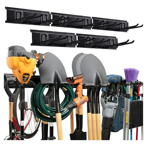 Garage Tool Organizer Wall Mount 80 Inch, Heavy Duty Tool Rack with 5 Racks & 10 Adjustable Hooks, Wall Mounted Garden Tool Storage for Garage, Shed, Holds Shovels, Brooms & Power Tools - size: 10 Hooks