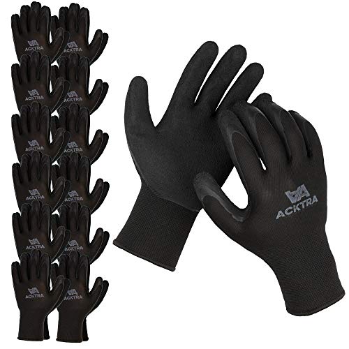 ACKTRA Premium Coated Nylon Safety WORK GLOVES 12 Pairs, Knit Wrist Cuff, for Gardening and General Purpose, for Men & Women, WG009 Black Polyester, Black Latex, Large - color: Black / Black (Premium), size: Large (Pack of 12)