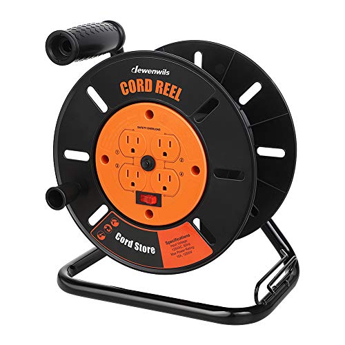 DEWENWILS Extension Cord Storage Reel with 4-Grounded Outlets, Heavy Duty Open Cord Reel for 12/3,14/3,16/3 Gauge Power Cord, Hand Wind Retractable, 10A Circuit Breaker, Rocker Power Switch - color: 10a/1250w-orange