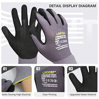 LOCCEF Work Gloves MicroFoam Nitrile Coated-6 Pairs,Seamless Knit Nylon Gloves,Gray Work gloves - color: Grey 6-pairs