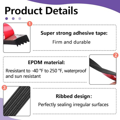 326A0004 Ribbed Bulkhead Seal Strip 3/5 in x 65 in, Self-Adhesive EPDM Ribbed Foam Rubber Weather Stripping for Tonneau Cover, Truck Bed Cover, RV, Boat, Auto, Marine, Garage Door (Black, 1 Pcs)
