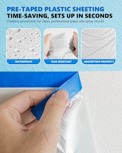 Pre-Taped Masking Film for Painting(1 Roll) - 44" x 66'Painters Plastic Sheeting with Tape and Drape, Painters Drop Cloth for Automotive & Home, Cover for Walls/Floors/Windows/Cars Protection - size: 1 Roll of 44" x 66'