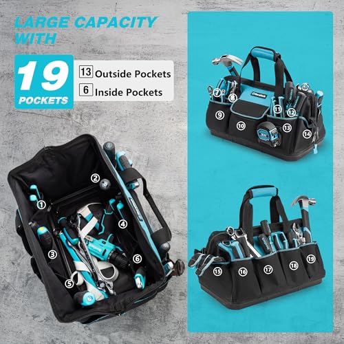 DURATECH 18-Inch Large Tool Bag with Waterproof Hard Bottom, Tool Bags for Men Heavy Duty with 19 Pockets, Wide Open Mouth Toolbag for Electricians Mechanic Plumber HVAC - size: 18 Inch