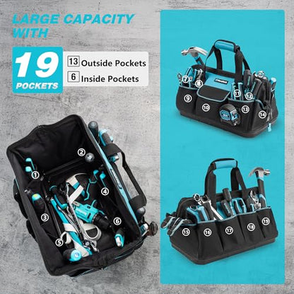 DURATECH 18-Inch Large Tool Bag with Waterproof Hard Bottom, Tool Bags for Men Heavy Duty with 19 Pockets, Wide Open Mouth Toolbag for Electricians Mechanic Plumber HVAC - size: 18 Inch