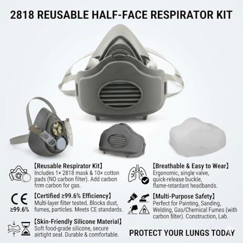 Reusable Half Face Respirator Mask with 10 Filters,2818 Food-Grade Silicone Dust Mask for Painting,Cleaning,Sanding (Gray)