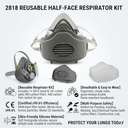 Reusable Half Face Respirator Mask with 10 Filters,2818 Food-Grade Silicone Dust Mask for Painting,Cleaning,Sanding (Gray)