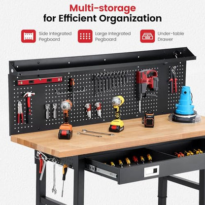 ENJOYWOOD 60" x 22" Heavy Duty Workbench Adjustable Height Garage Work Table with Solid Rubberwood Top, Wheels, Drawers, Pegboards & Power Outlets for Workshop, Home & Office - size: 60 Inch