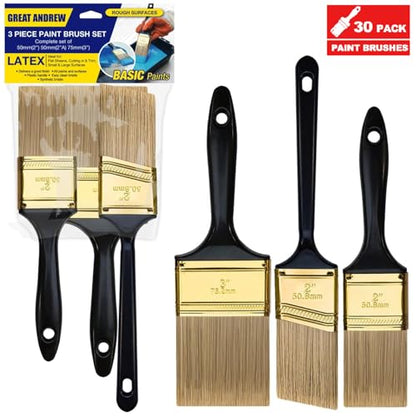 Great Andrew Paint Brushes, 30 PCS (2" 3" Flat & 2" Angled) Bulk Paint Brush Pack Multi use, Paint Brushes Set for Walls Fences Trim Home Furniture - size: 30 Pcs, 2",3"&2"a