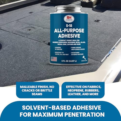 S-18 All-Purpose Adhesive, 8 oz. can - Multi-Purpose, Rubber, Metal, Leather, Felt, Wood, Neoprene, Glass, Flexible, Waterproof, Long Lasting - RH Adhesives - size: 8 oz
