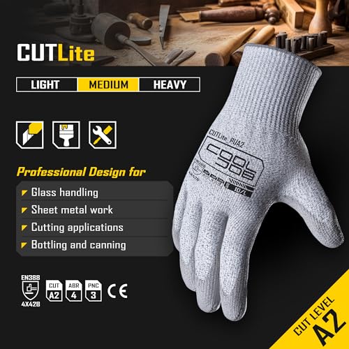 COOLJOB 12/120 Pairs Cut Resistant Safety Work Gloves with Grip, 13 Gauge Seamless Shell with PU Coating, ANSI A2 A4 A6, Gray - size: Large (Pack of 12), style: Ansi A2 Cut Level