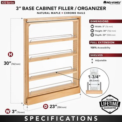 Rev-A-Shelf Pullout Shelf Organizer for Base Kitchen or Bathroom Cabinets, Wood Filler Pantry Storage or Spice Rack, Maple, 3" x 23" x 30", 432-BF-3C - size: 3" W
