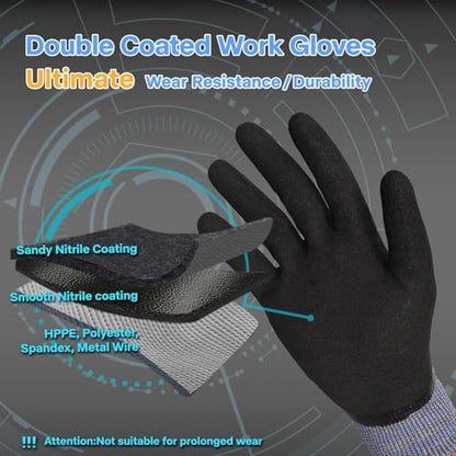 Schwer ANSI A9 Cut/Abrasion Resistant Gloves for Heavy Duty Work, 18 Gauge 3/4 Double Dipped Nitrile Coating for Construction, Gardening, Water & Oil Proof, Anti Slip, Touch Screen, PM3202, Black, L - size: Large
