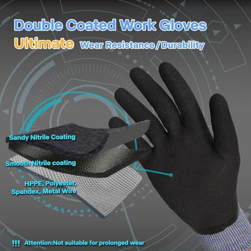 Schwer ANSI A9 Cut/Abrasion Resistant Gloves for Heavy Duty Work, 18 Gauge 3/4 Double Dipped Nitrile Coating for Construction, Gardening, Water & Oil Proof, Anti Slip, Touch Screen, PM3202, Black, S - size: Small