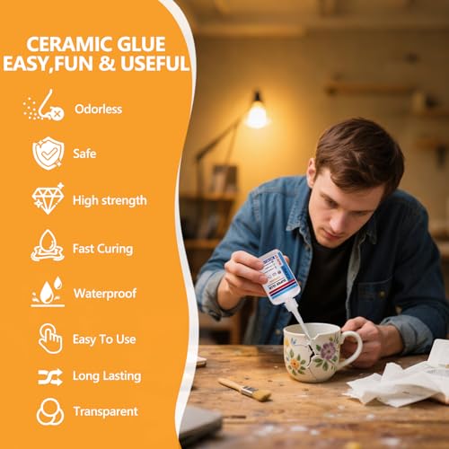 Super Glue for Porcelain and Pottery Repair with Anti Clog Cap. 6 x 1 fl oz,CA Glue - Clear Ceramic Repair Adhesivefor Dishes, Tiles, DIY Crafts, Quick Dry - style: Ceramic-Glue