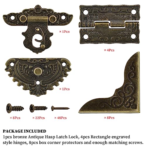 Antique Engraved Decorative Hasp Latch Hasp Hinges and Box Corner Protectors for Jewelry Box Cabinet Drawer Decoration and Repair