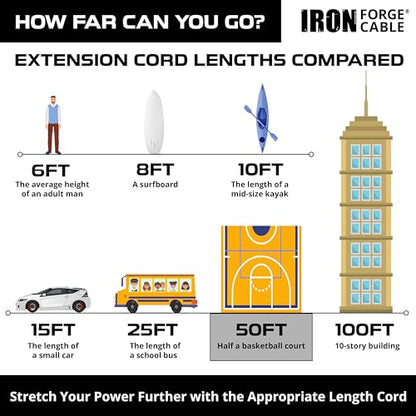Iron Forge Cable 50 Foot Lighted Outdoor Extension Cord with 3 Electrical Power Outlets - 12/3 SJTW Heavy Duty Yellow Extension Cable with 3 Prong Grounded Plug for Safety, 15 AMP - size: 50 Foot, style: 1 Pack